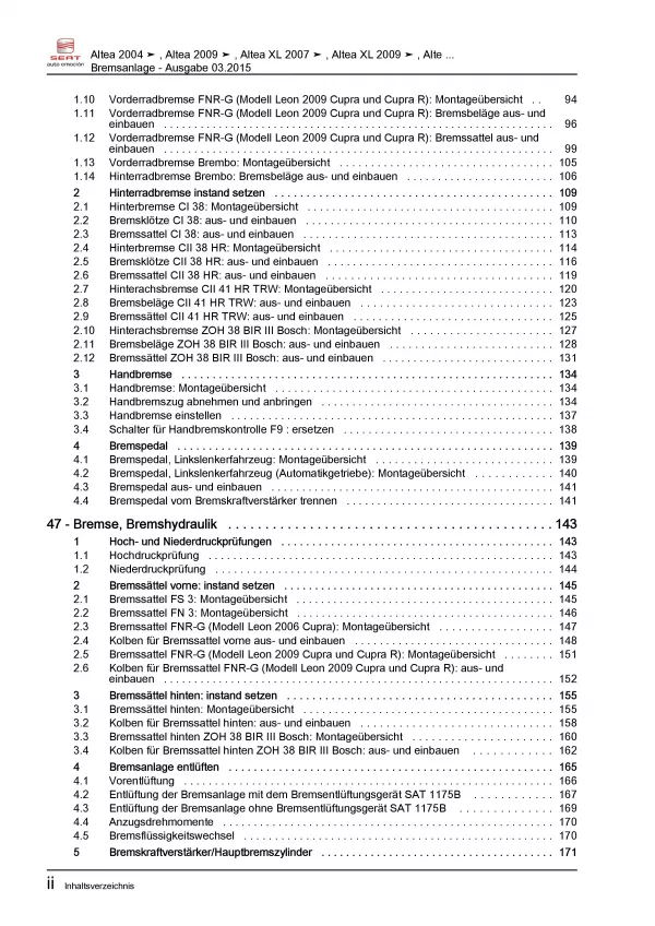SEAT Altea Typ 5P1 2004-2015 Bremsanlagen Bremsen System Reparaturanleitung PDF