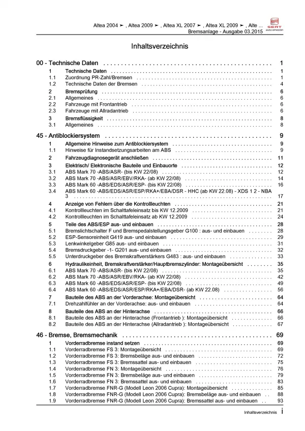 SEAT Altea 5P5 2006-2015 Bremsanlagen Bremsen System Reparaturanleitung