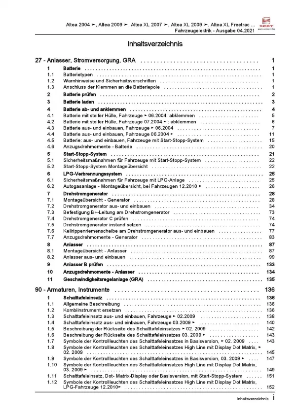 SEAT Altea 2006-2015 Elektrische Anlage Elektrik Systeme Reparaturanleitung PDF