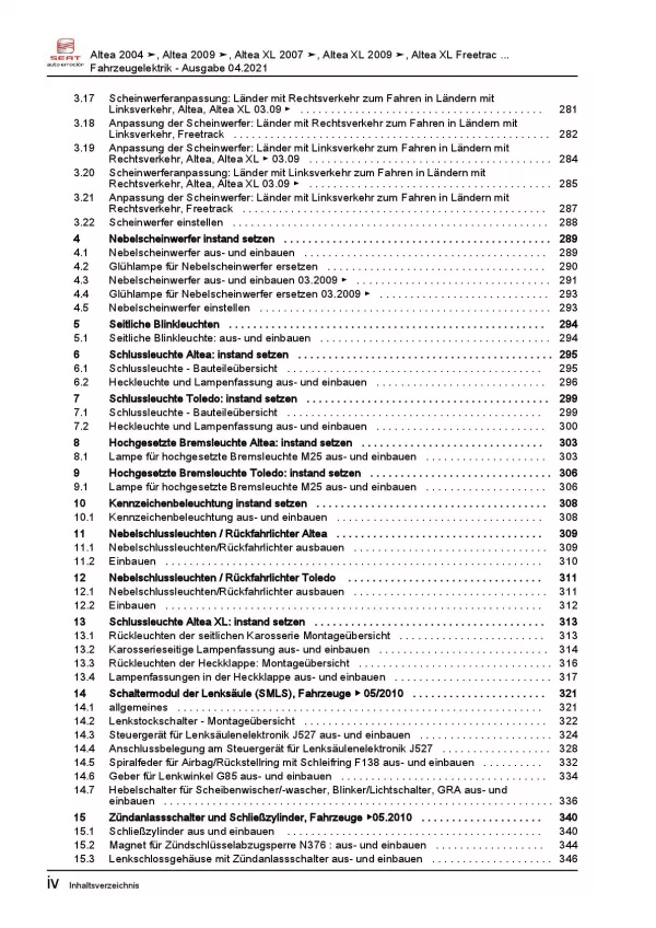 SEAT Altea 2006-2015 Elektrische Anlage Elektrik Systeme Reparaturanleitung PDF