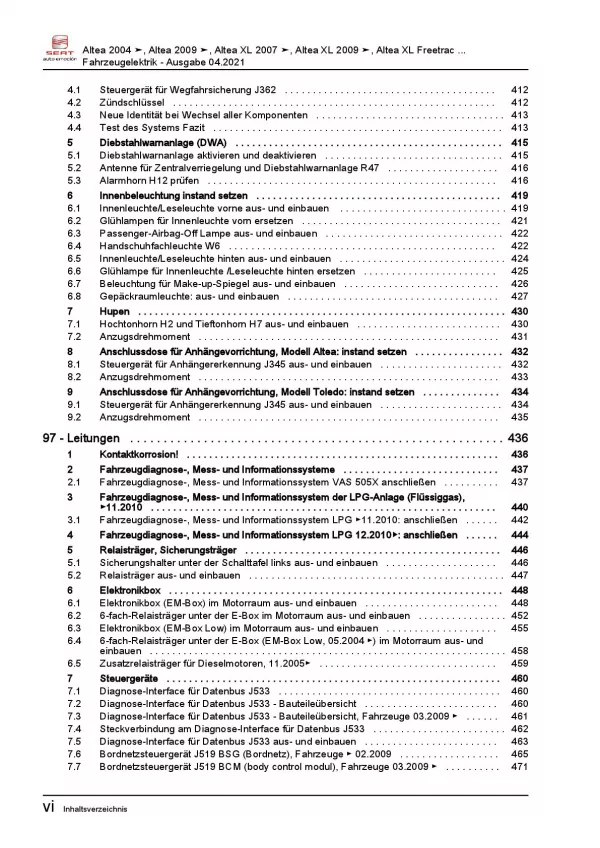 SEAT Altea 5P5 2006-2015 Elektrische Anlage Elektrik Systeme Reparaturanleitung