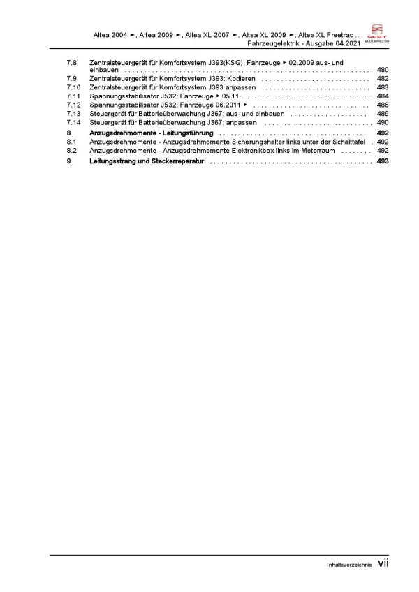 SEAT Altea 2006-2015 Elektrische Anlage Elektrik Systeme Reparaturanleitung PDF