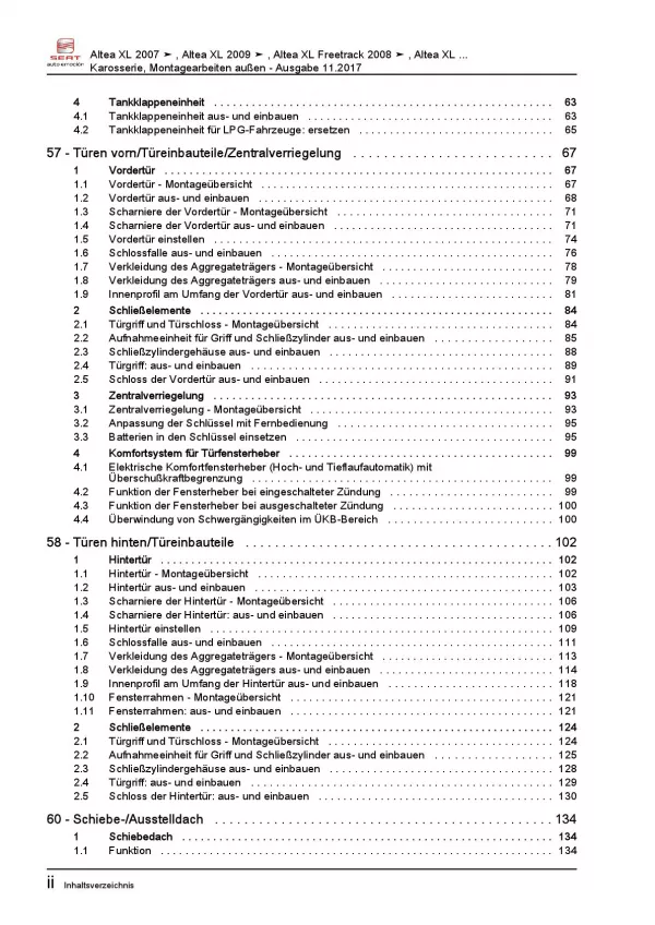 SEAT Altea 5P5 2006-2015 Karosserie Montagearbeiten Außen Reparaturanleitung PDF