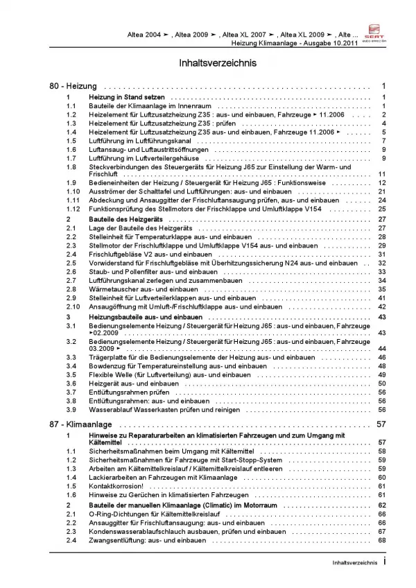 SEAT Altea 5P5 2006-2015 Heizung Belüftung Klimaanlage Reparaturanleitung PDF