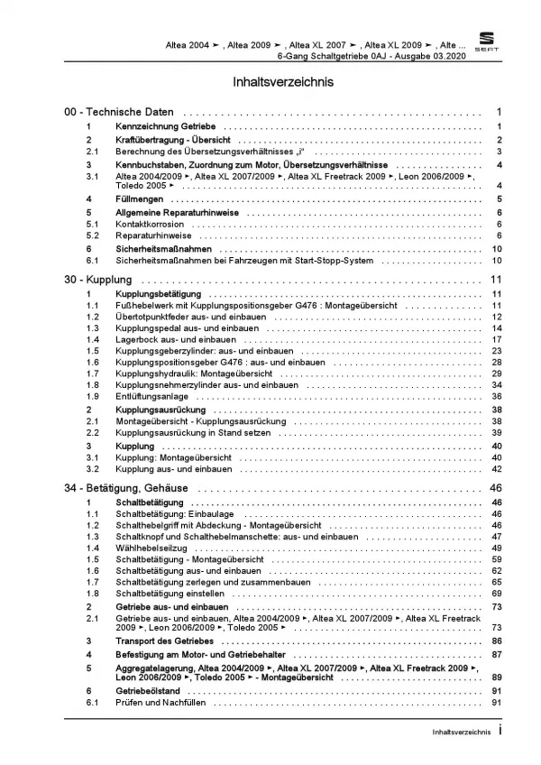 SEAT Altea 5P5 (06-15) 6 Gang Schaltgetriebe 0AJ Kupplung Reparaturanleitung PDF