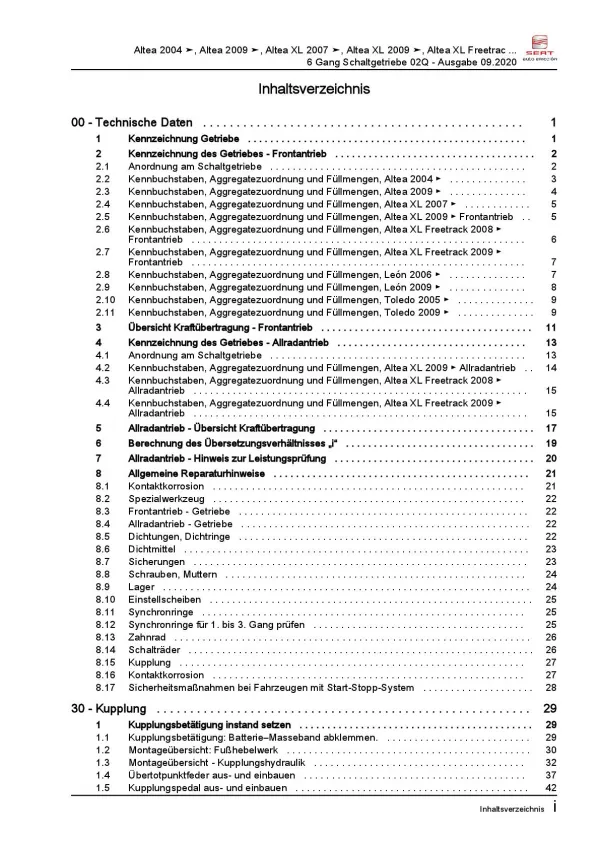 SEAT Altea 5P5 (06-15) 6 Gang Schaltgetriebe 02Q Kupplung Reparaturanleitung PDF