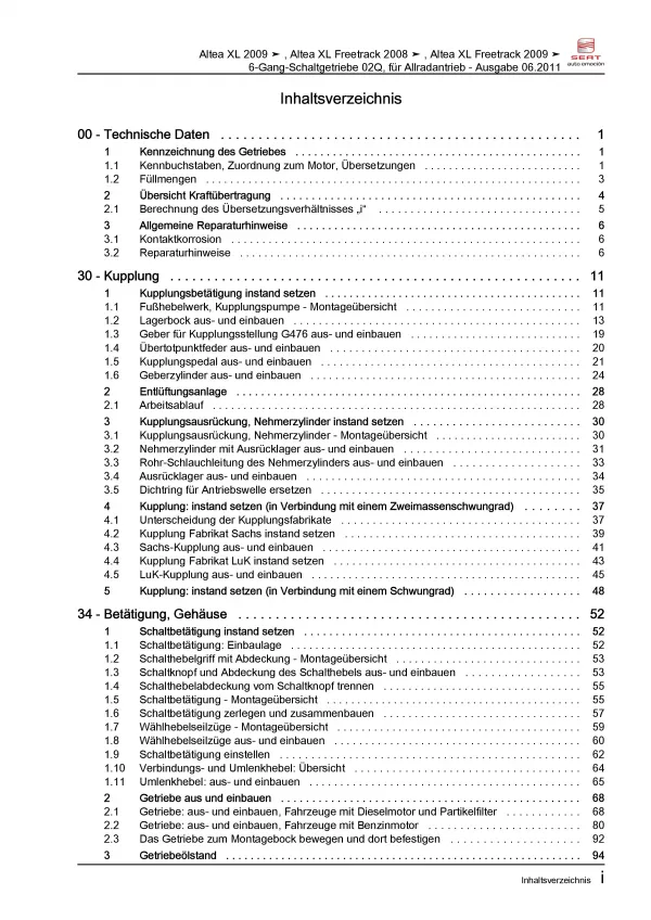 SEAT Altea 5P5 2006-2015 6 Gang Schaltgetriebe 02Q AWD Reparaturanleitung PDF