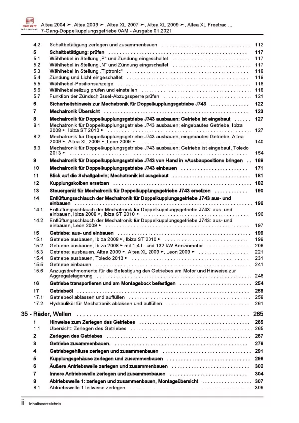 SEAT Altea 5P5 (06-15) 7 Gang Automatikgetriebe DSG DKG 0AM Reparaturanleitung