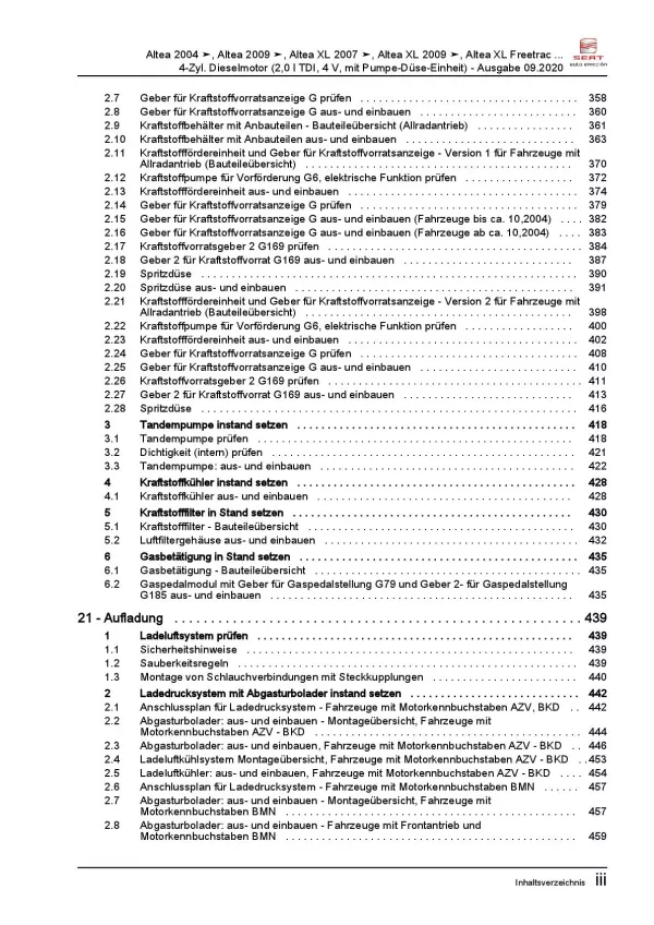 SEAT Altea 5P5 (06-15) 4-Zyl. Dieselmotor TDI 136-170 PS Reparaturanleitung PDF