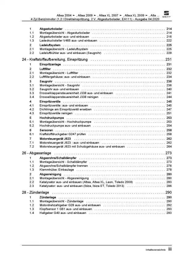 SEAT Altea 5P5 (06-15) 4-Zyl. 1,2l Benzinmotor 86-105 PS Reparaturanleitung PDF