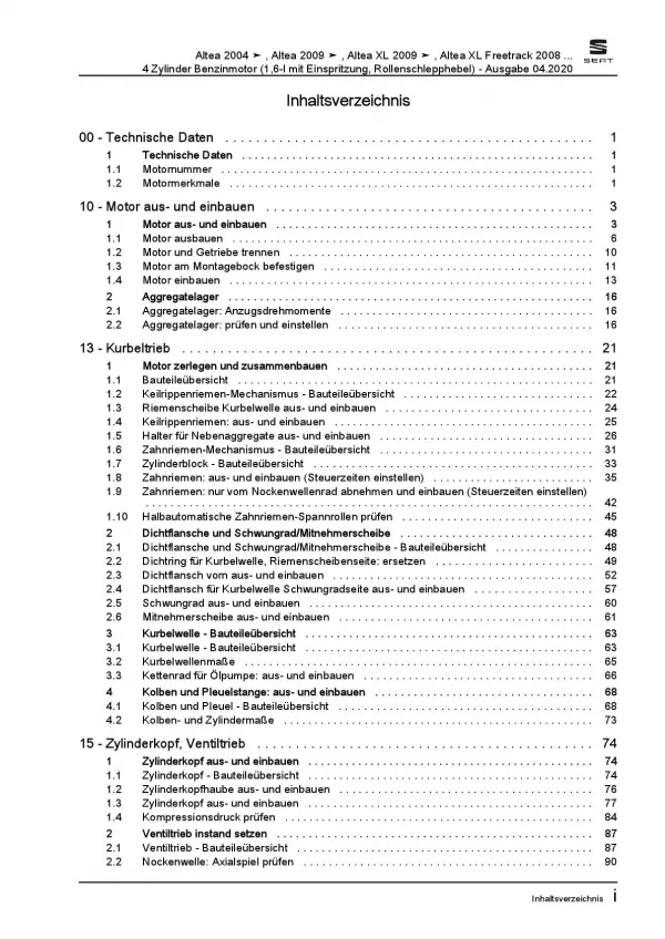 SEAT Altea 5P5 2006-2015 4-Zyl. 1,6l Benzinmotor 102 PS Reparaturanleitung PDF