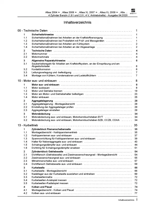 SEAT Altea 5P5 2006-2015 1,8l 2,0l Benzinmotor 160-211 PS Reparaturanleitung PDF