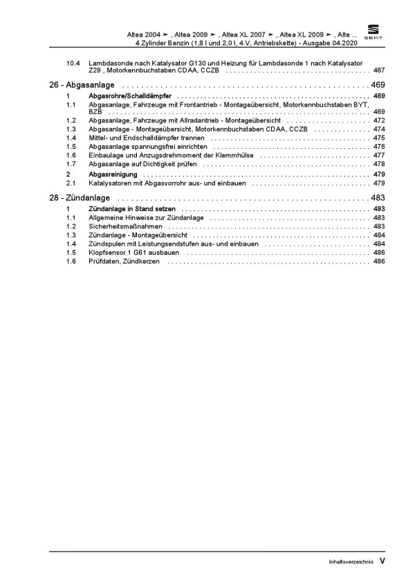 SEAT Altea 5P5 2006-2015 1,8l 2,0l Benzinmotor 160-211 PS Reparaturanleitung PDF