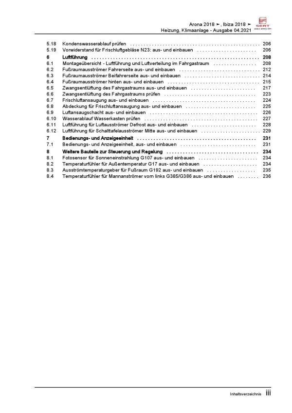 Seat Arona Typ KJ ab 2017 Heizung Belüftung Klimaanlage Reparaturanleitung PDF