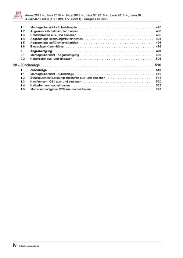 Seat Arona KJ ab 2017 4-Zyl. 1,6l Benzinmotor 90-110 PS Reparaturanleitung PDF