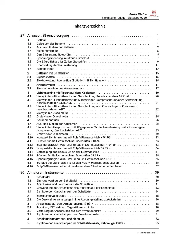 SEAT Arosa 6H (97-04) Elektrische Anlage Elektrik Systeme Reparaturanleitung PDF