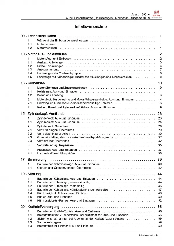 SEAT Arosa Typ 6H 1997-2004 4-Zyl. 1,0l Benzinmotor 50 PS Reparaturanleitung PDF