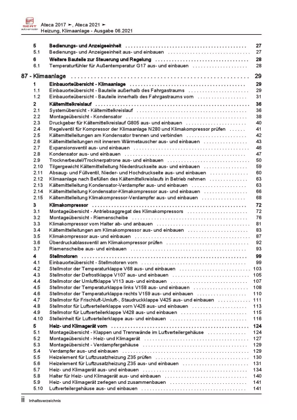 SEAT Ateca Typ KH ab 2016 Heizung Belüftung Klimaanlage Reparaturanleitung PDF