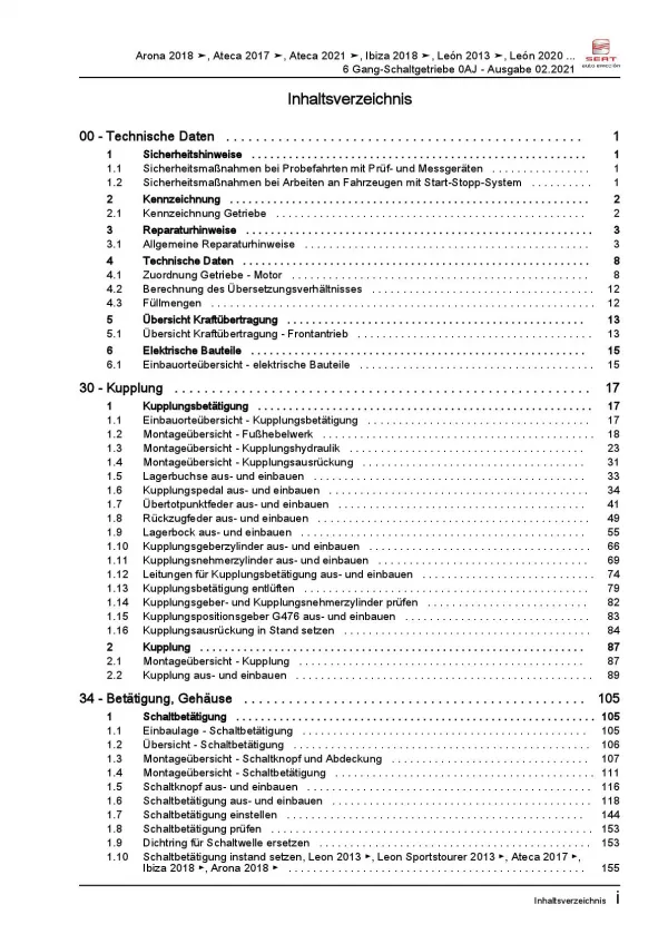 SEAT Ateca KH ab 2016 6 Gang Schaltgetriebe 0AJ Kupplung Reparaturanleitung PDF