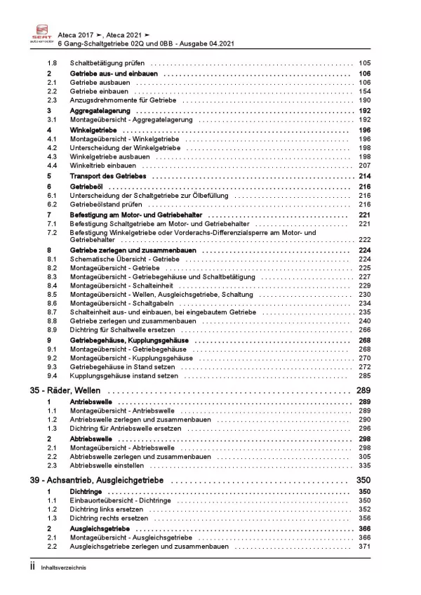 SEAT Ateca Typ KH ab 2016 6 Gang Schaltgetriebe 02Q 0BB Reparaturanleitung PDF