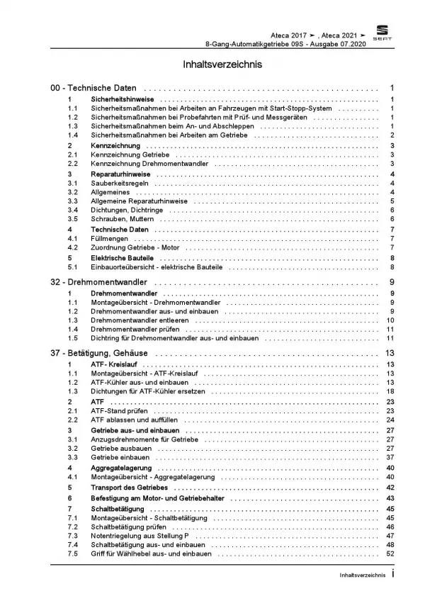 SEAT Ateca Typ KH ab 2016 8 Gang Automatikgetriebe 09S Reparaturanleitung PDF