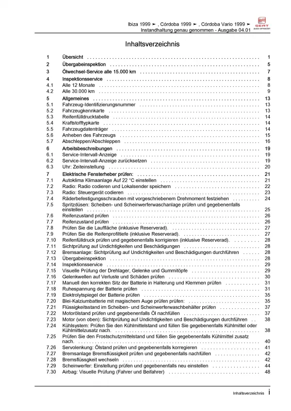 SEAT Cordoba 6K 1999-2002 Instandhaltung Inspektion Wartung Reparaturanleitung