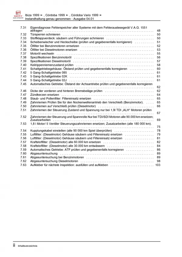 SEAT Cordoba 6K (99-02) Instandhaltung Inspektion Wartung Reparaturanleitung PDF