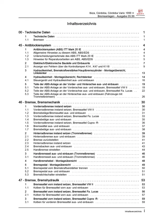 SEAT Cordoba Typ 6K 1999-2002 Bremsanlagen Bremsen System Reparaturanleitung PDF