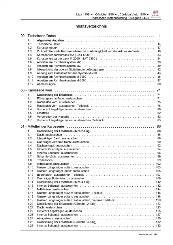 SEAT Cordoba 6K (99-02) Karosserie Unfall Instandsetzung Reparaturanleitung PDF