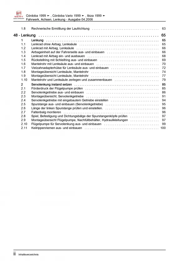 SEAT Cordoba Typ 6K 1999-2002 Fahrwerk Achsen Lenkung Reparaturanleitung PDF