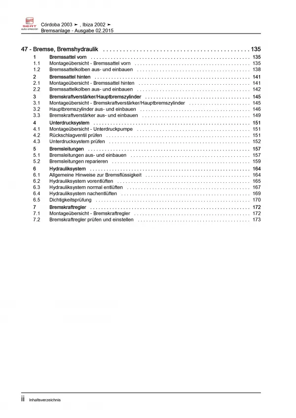 SEAT Cordoba Typ 6L 2002-2008 Bremsanlagen Bremsen System Reparaturanleitung PDF