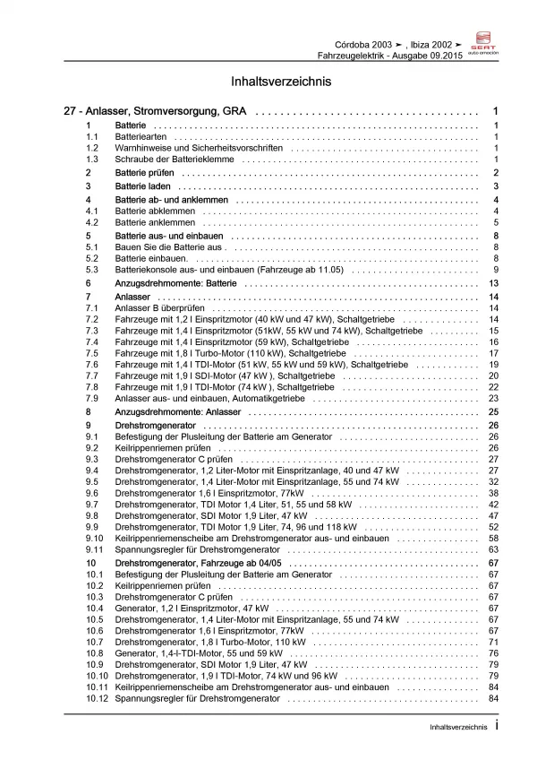 SEAT Cordoba (02-08) Elektrische Anlage Elektrik Systeme Reparaturanleitung PDF