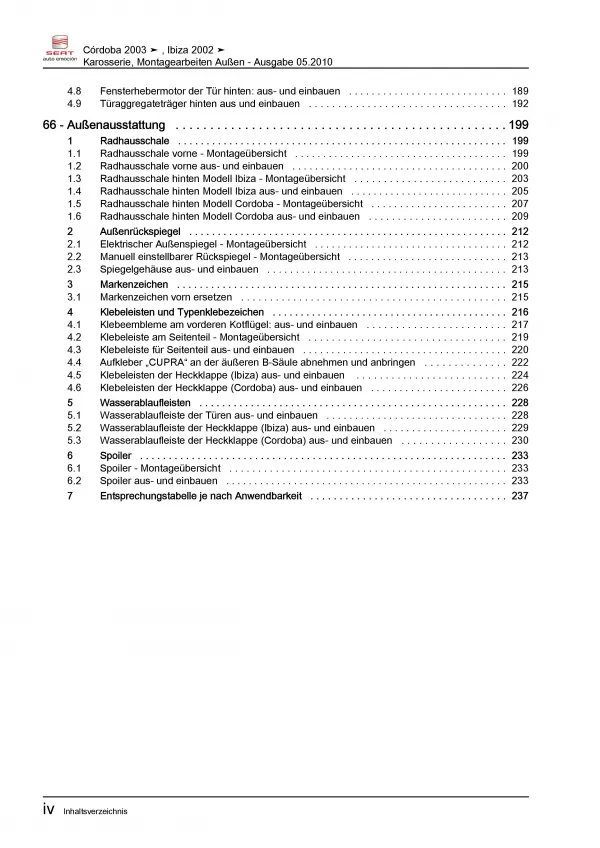 SEAT Cordoba 6L (02-08) Karosserie Montagearbeiten Außen Reparaturanleitung PDF