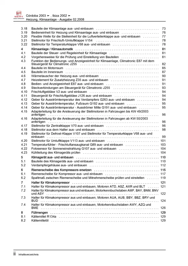 SEAT Cordoba 6L 2002-2008 Heizung Belüftung Klimaanlage Reparaturanleitung