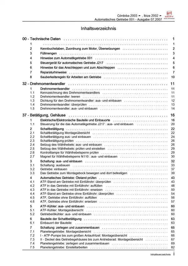 SEAT Cordoba 6L 2002-2008 4 Gang Automatikgetriebe 001 Reparaturanleitung PDF