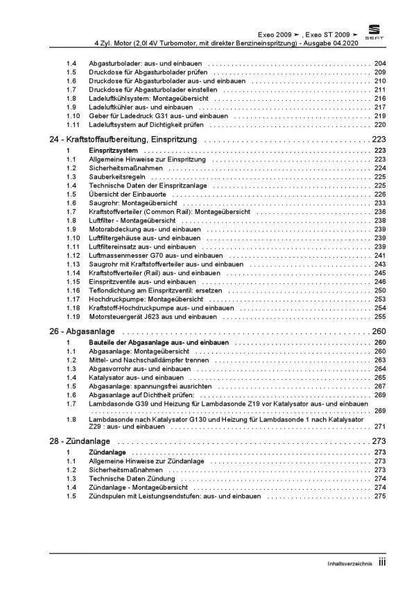 SEAT Exeo Typ 3R 2008-2013 4-Zyl. 2,0l Benzinmotor 200 PS Reparaturanleitung PDF