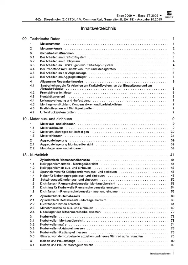 SEAT Exeo 3R 2008-2013 4-Zyl. 2,0l Dieselmotor 120-170 PS Reparaturanleitung PDF