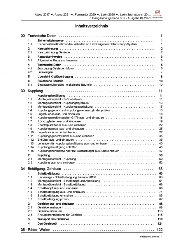 SEAT Formentor ab 2020 6 Gang Schaltgetriebe 0C9 Kupplung Reparaturanleitung PDF