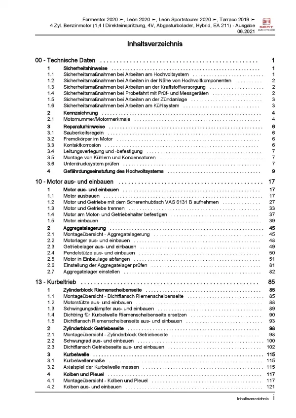 SEAT Cupra Formentor (20>) 4-Zyl. 1,4l Benzinmotor 150 PS Reparaturanleitung PDF