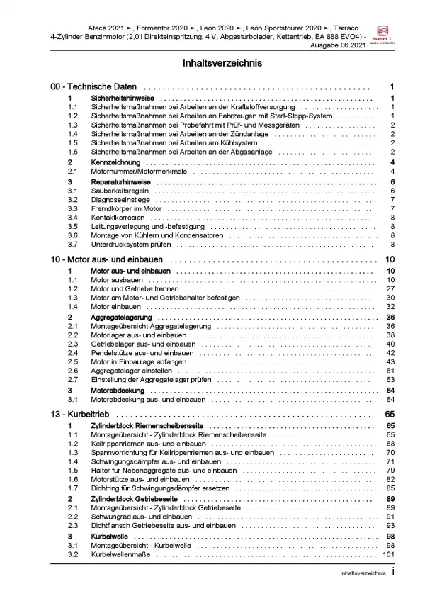 SEAT Cupra Formentor ab 2020 2,0l Benzinmotor 190-310 PS Reparaturanleitung PDF