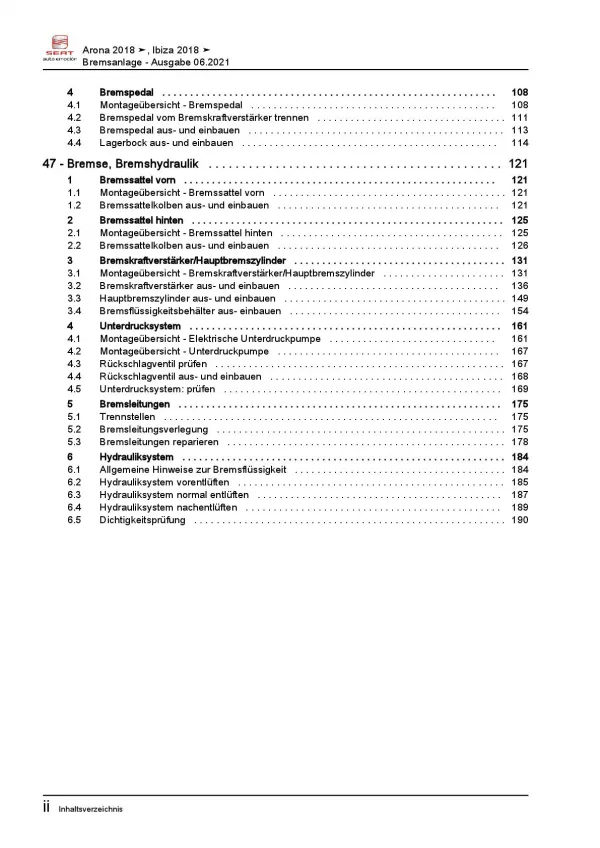 SEAT Ibiza Typ 6F 2017-2021 Bremsanlagen Bremsen System Reparaturanleitung PDF