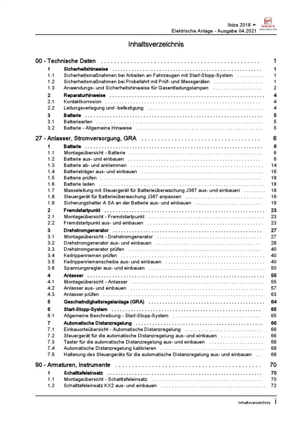 SEAT Ibiza Typ 6F (17-21) Elektrische Anlage Elektrik Systeme Reparaturanleitug