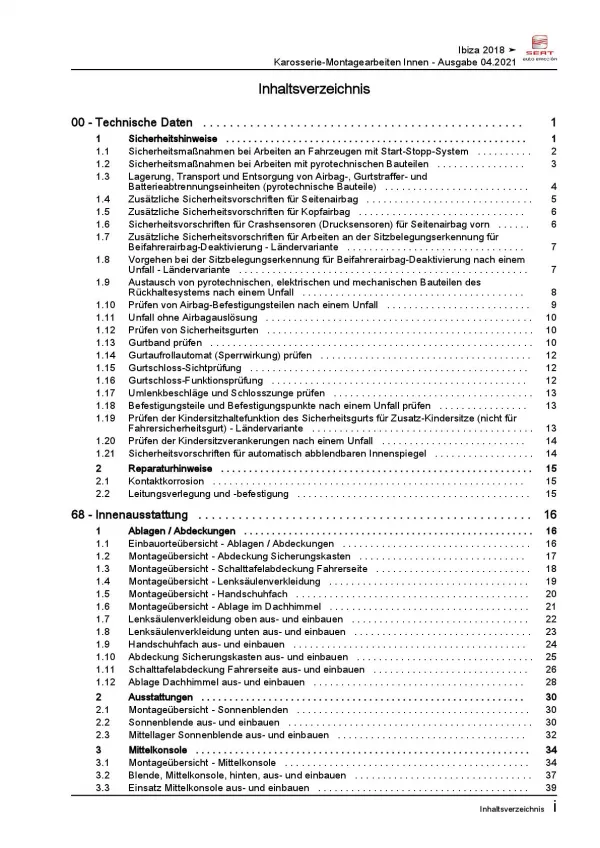 SEAT Ibiza 6F 2017-2021 Karosserie Montagearbeiten Innen Reparaturanleitung PDF