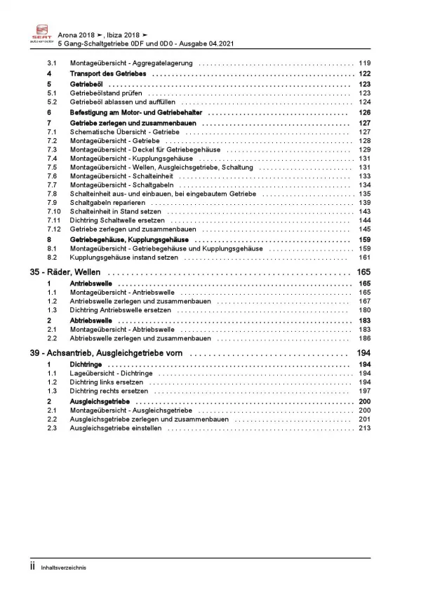 SEAT Ibiza Typ 6F 2017-2021 5 Gang Schaltgetriebe 0DF 0D0 Reparaturanleitung PDF