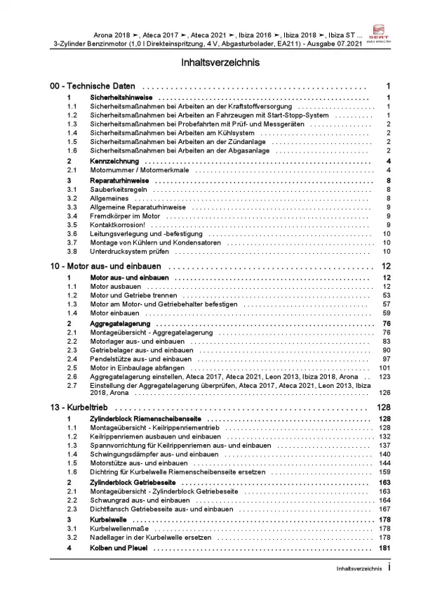 SEAT Ibiza 6F 2017-2021 3-Zyl. 1,0l Benzinmotor 85-115 PS Reparaturanleitung PDF