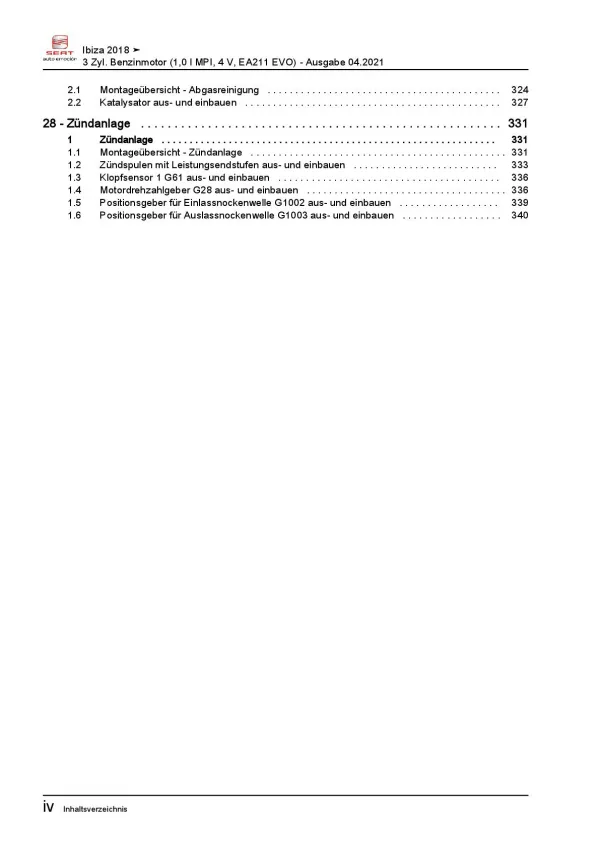 SEAT Ibiza 6F 2017-2021 3-Zyl. 1,0l Benzinmotor 65-80 PS Reparaturanleitung PDF