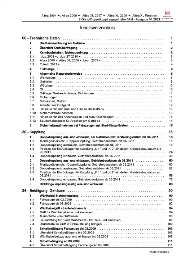 SEAT Ibiza 6J 2008-2015 8 Gang Automatikgetriebe DKG 0AM Reparaturanleitung PDF