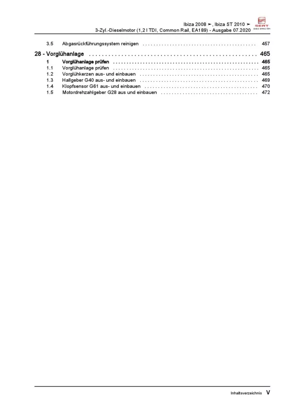 SEAT Ibiza 6J 2008-2015 3-Zyl. 1,2l Dieselmotor TDI 75 PS Reparaturanleitung PDF