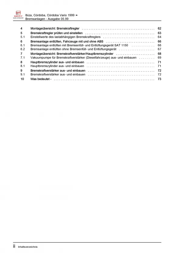 SEAT Ibiza Typ 6K 1999-2002 Bremsanlagen Bremsen System Reparaturanleitung PDF