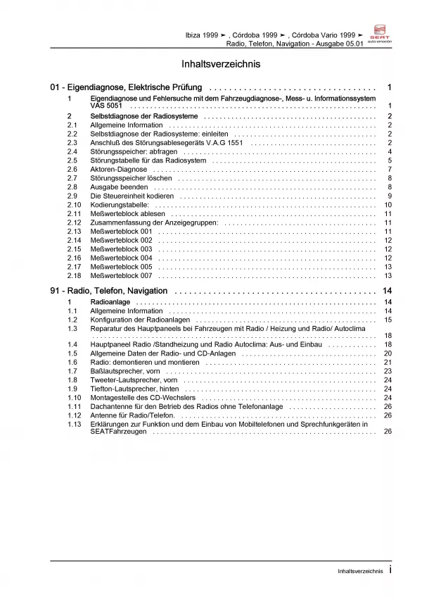 SEAT Ibiza 6K 1999-2002 Radio Navigation Kommunikation Reparaturanleitung PDF